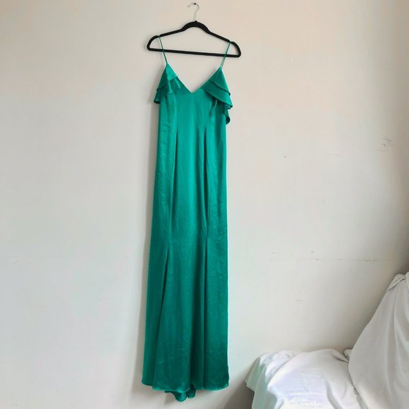 NWT Zac Posen Green emerald satin ruffle long dress - Picture 5 of 7